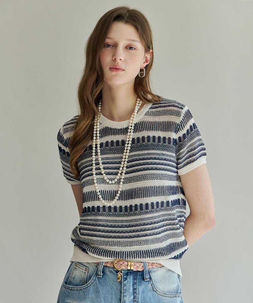 MAXZA Mix Pattern Striped Short Sleeve Knit