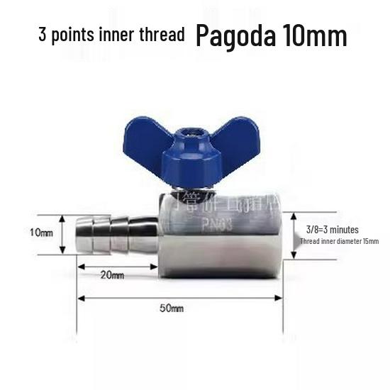 304 Stainless Steel Mini Ball Valve with Butterfly Handle, Internal/External Threads, High Pressure, 4-Way Pagoda Tube Connector.