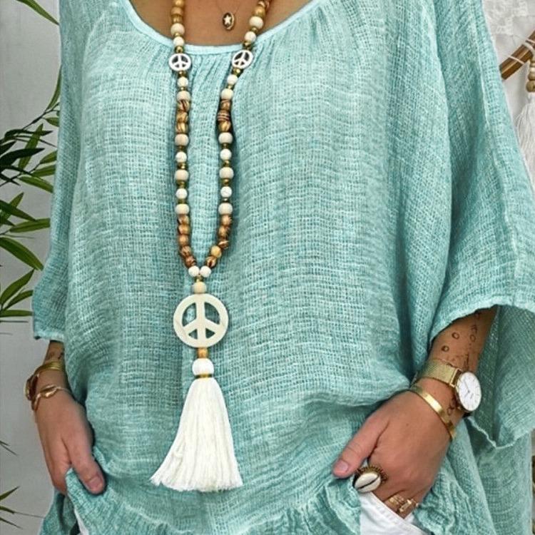 Ожерелье из деревянных бусин в богемном стиле ручной работы с подвеской в виде символа мира и кисточкой
