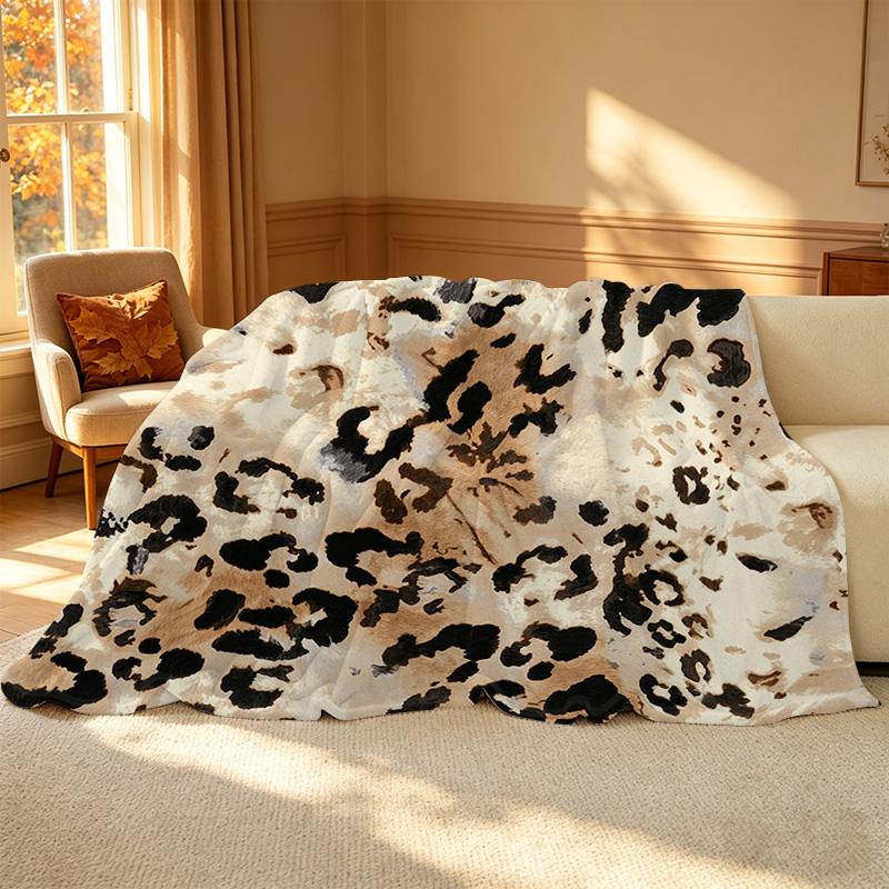 Leopard Print Flannel Blanket High-Density Plush, Soft & Warm, Decorative for Home, Car Air Conditioning Cover, Christmas & Halloween