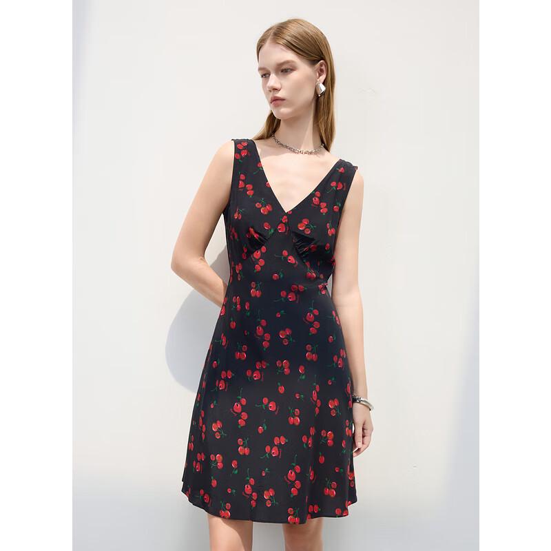 Sancai 2025 Летнее Винтажное Элегантное Мини-платье А-силуэта с V-образным вырезом и принтом вишни