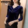 Ladies Blouse Pleuche Top Women's Autumn and Spring Lace Hollow Out V-neck Long Sleeve Pullover