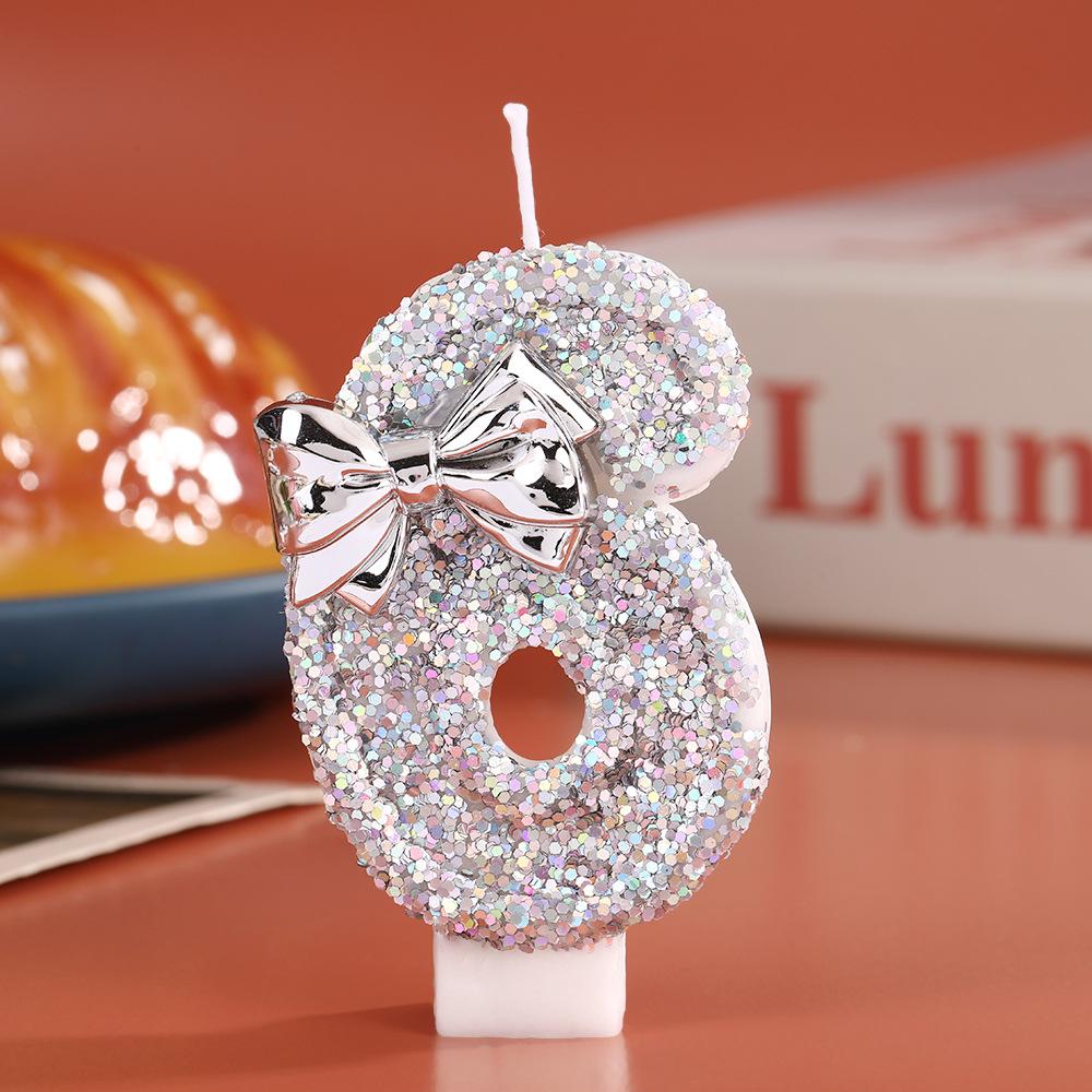 Digital Birthday Candle Silver Sequin Bow Party Decoration Creative 0-9 Number Candles Birthday Cake Plugin for Party Supplies