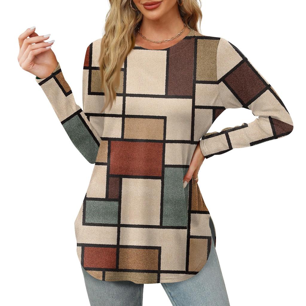 Женские рубашки с длинным рукавом и круглым вырезом, базовые свободные туники с боковым разрезом, повседневные рубашки с цветочным принтом