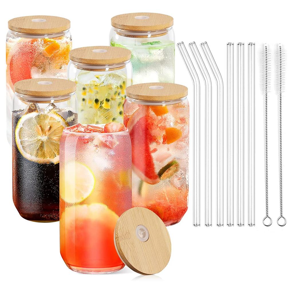 6pcs 400/500ml Glass Cup with Bamboo Lid and Straw Bubble Tea Cup Glasses Cups Beer Can Coffee Cup Cold Wine Cola Drinkware
