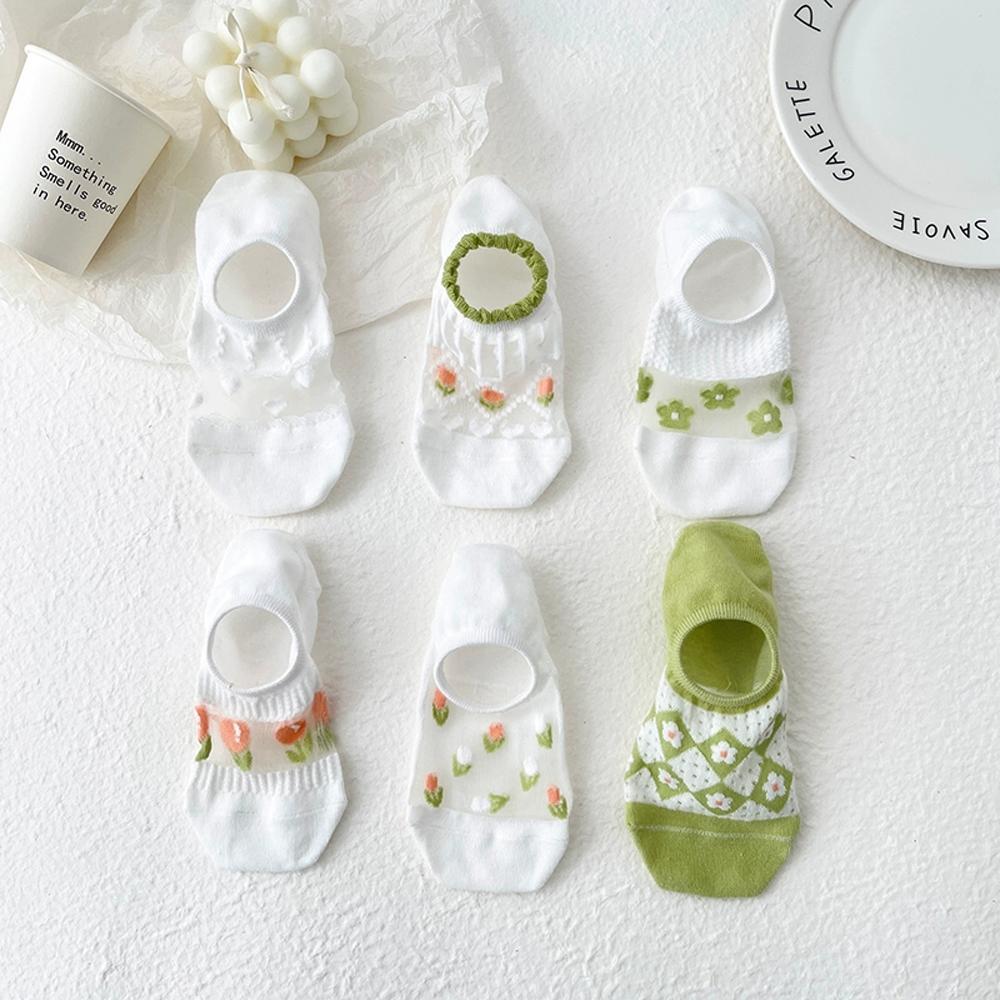 6 Pairs Women's Floral Mesh No-Show Socks Y2K Kawaii Lace Trim Breathable Ankle Socks With Harajuku Style Green Cute Boat Socks