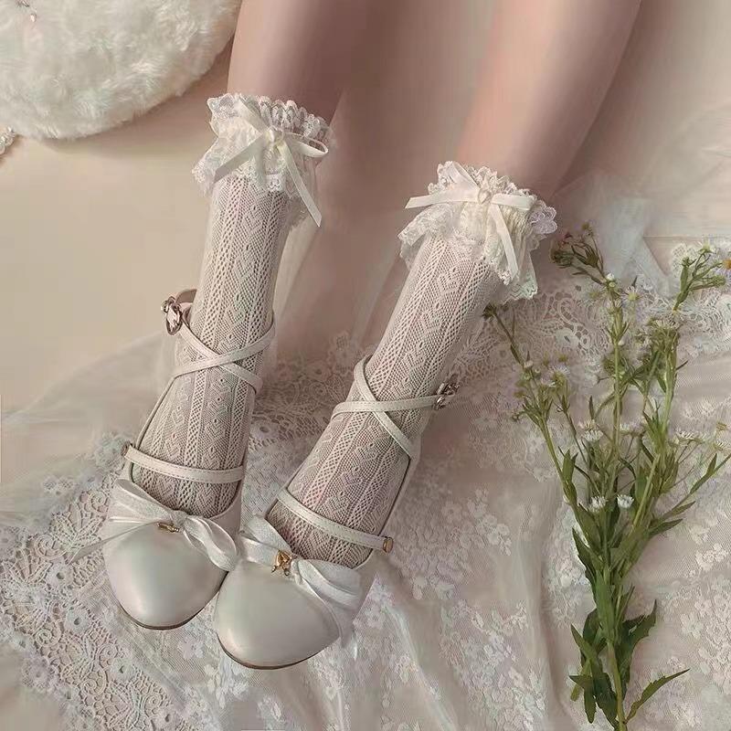 Women's Summer Spring Cotton Socks Thin White Lolita Lace Stocking Black Jk Bow Sweet Mid-leg Calf Socks Sweet Style Girls Gift