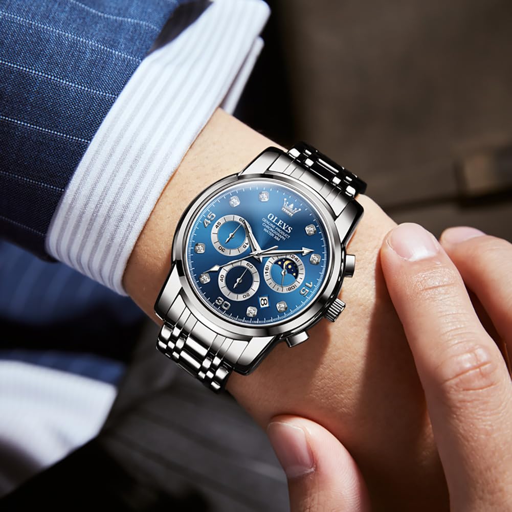 OLVES Синие часы Дата Наручные часы Водонепроницаемые Стильные популярные часы Серебряные деловые стильные часы Аналоговые кварцевые часы Металлический ремешок Модные часы Повседневные