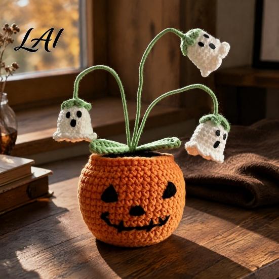 Small Decorative Ornament for Showcase Handmade Crochet Pumpkin Halloween Pumpkin with Cute Ghost Bat Cozy Knitted Desk Accessory Flowers,