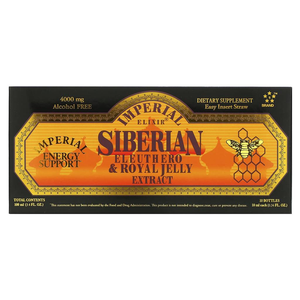 Imperial Elixir Siberian Acanthus Root and Royal Jelly Extract, Non-alcoholic, 4,000 Mg, 10 Bottles, 10 Ml (0.34 Oz) Each.