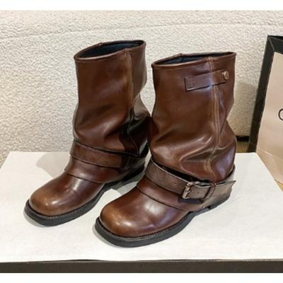 Мода Новая Мода Ковбойские Сапоги Женские Круглый Носок Металлическая Пряжка Рюши Столбик Винтаж Блок Каблук Короткие Сапоги Zapatos Mujer