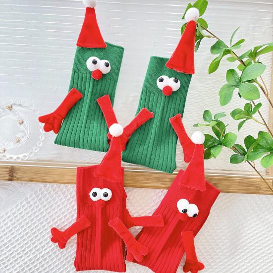 1 Pair Christmas Couple Socks Cartoon Shape Magnetic Hand-linking Festive Mid-tube Thick Warm Anti-slip