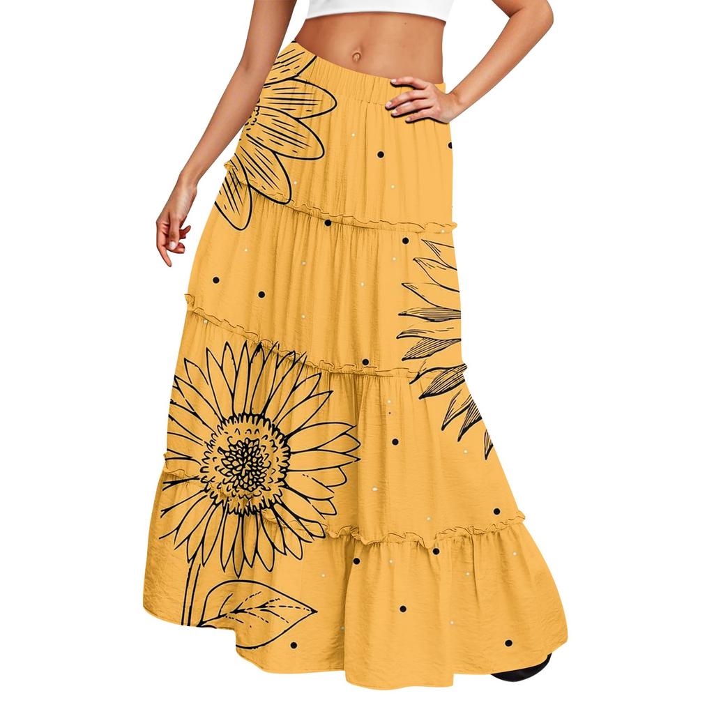Women's Printed Elastic Waist Loose Hem Long Skirt
