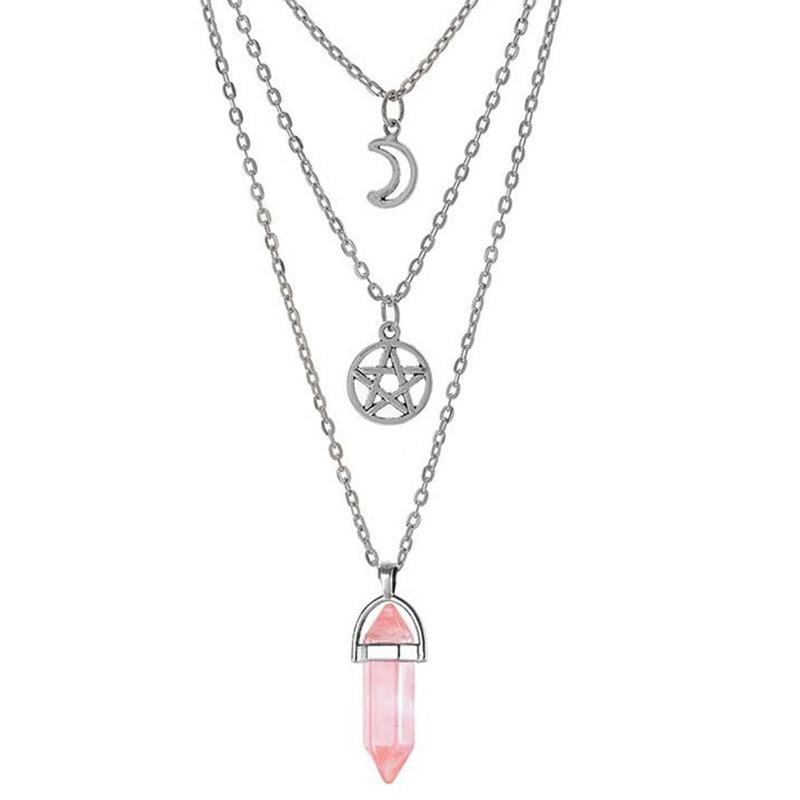 Layered Agate Necklace With Hollow Moon Star Charm For Women Collarbone Jewelry