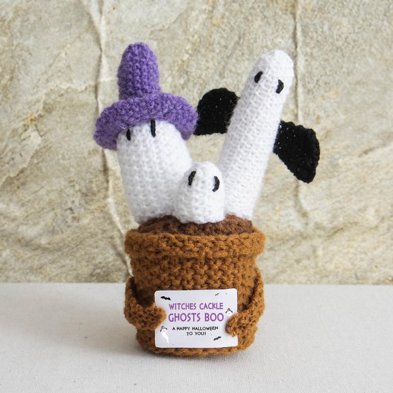 New Positive Energy Ghost Pot Hug Pocket Mini Handmade Plush Wool Knitting Doll with Card Funny Christams Gift Home Room Decorat