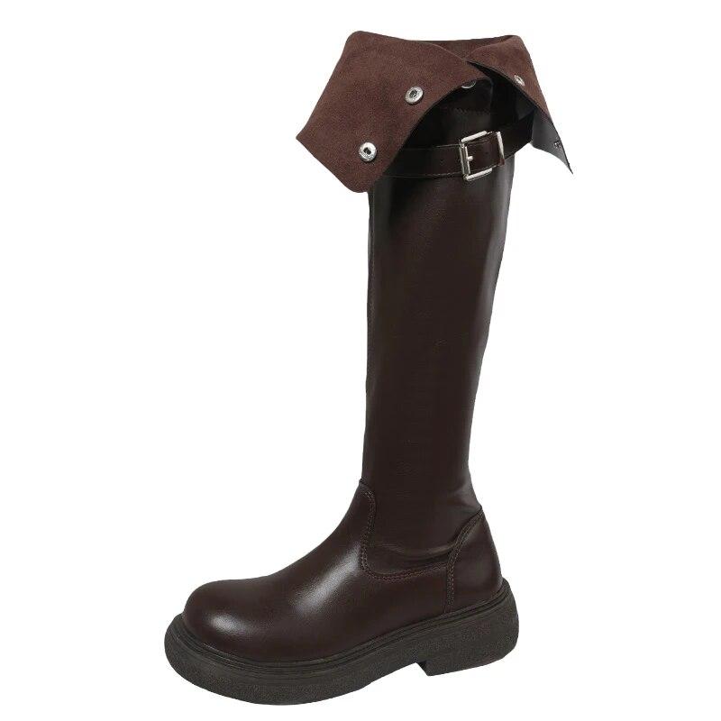 Зимние женские сапоги выше колена, модные женские элегантные ботильоны без шнуровки на низком каблуке, длинные ботильоны с пряжкой на ремне, женские рыцарские ботильоны