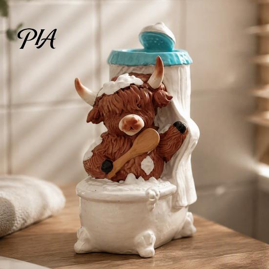 Animal Lover Gifts Highland Cow Bathroom Figurine, Resin Scottish Calf Bathing Statue, Funny Fun Figure Farmhouse Ornament for Home Office Tiered Tray