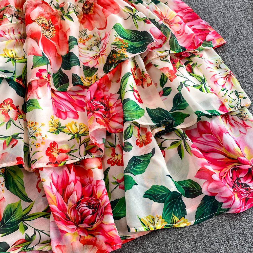 Милое шифоновое платье в стиле отпуска с V-образным вырезом и короткими рукавами, лето 2024, многоуровневые длинные платья с оборками по краям