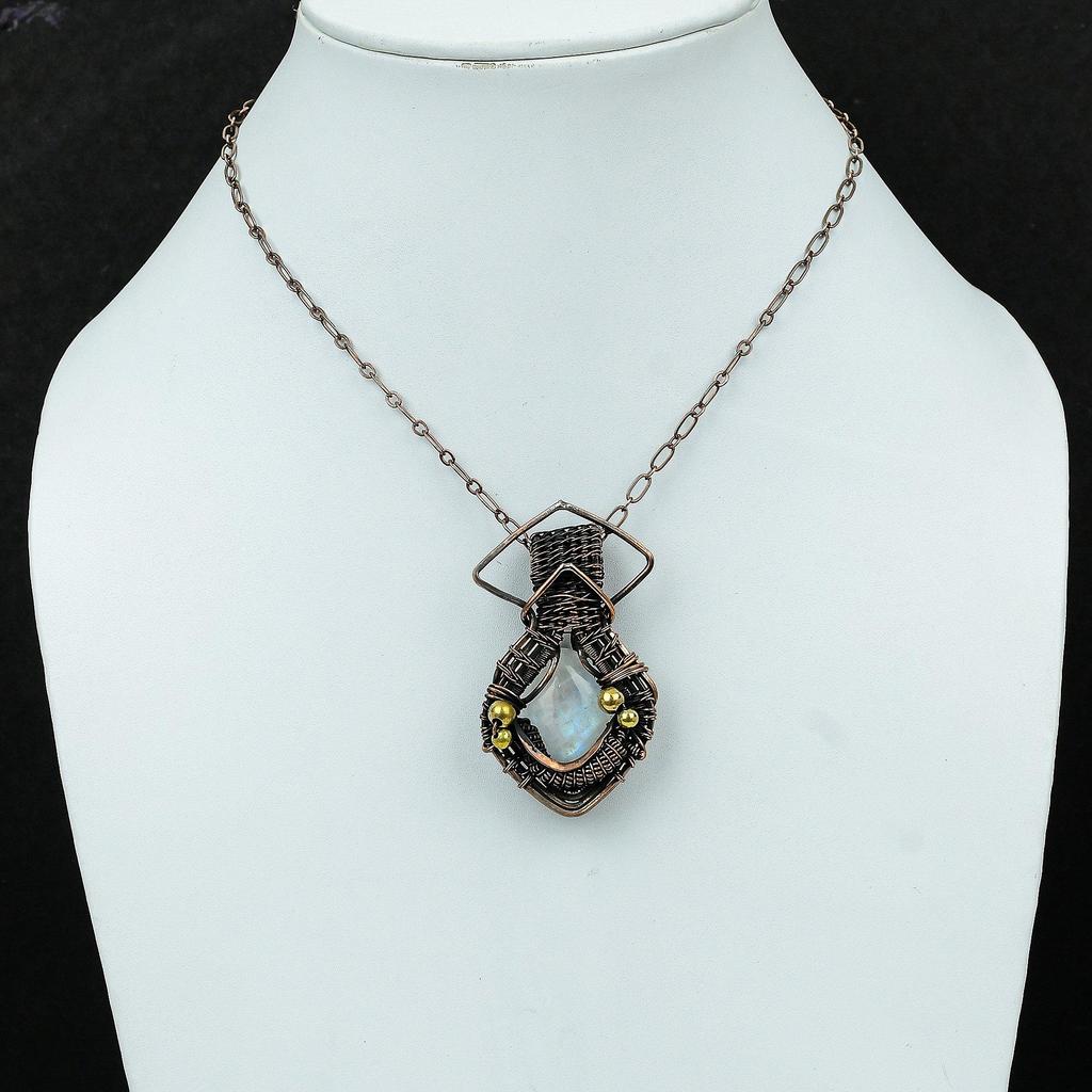 Подвеска Rainbow Moonstone, обернутая медной проволокой, драгоценный камень, подвеска Moonstone, ювелирное изделие, подвеска ручной работы, обернутая медной проволокой, подарок для жены