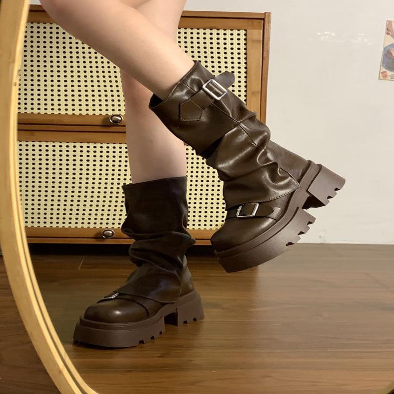 Brown Versatile Thick-soled Heightening Martin Boots Women's 2024 New Spring and Autumn Winter Retro Maillard Medium Boots