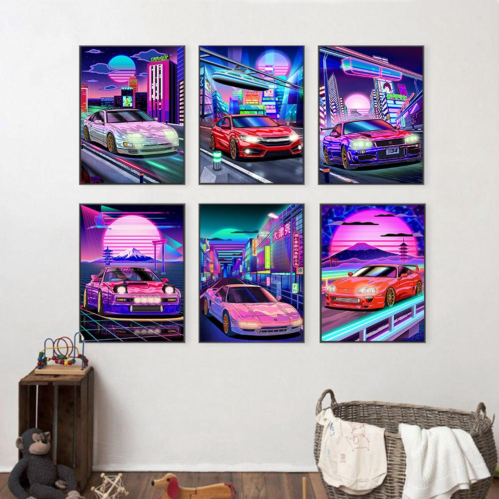 Неоновый панк гоночная игра Stree Wall Art Poster крутая картина с автомобилем детская комната для мальчиков украшение холст печать изображение