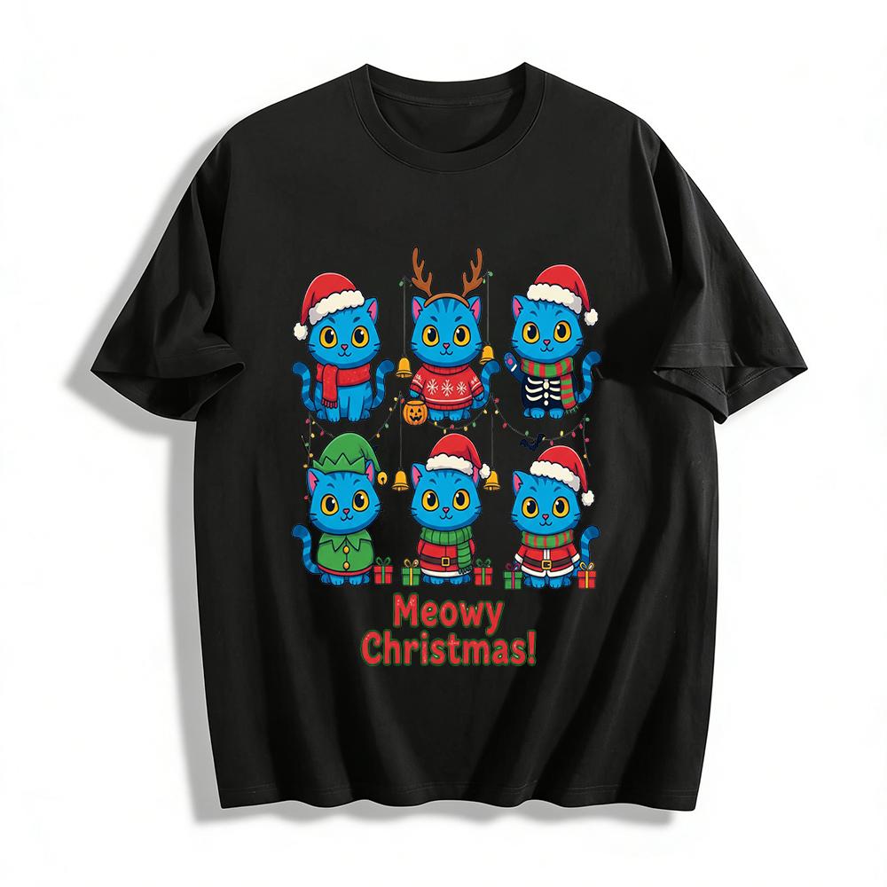 Рождественская футболка с принтом синего кота "Meowy Christmas", Праздничный топ с рисунком питомца, Повседневная футболка для взрослых и детей, Футболка из чистого хлопка