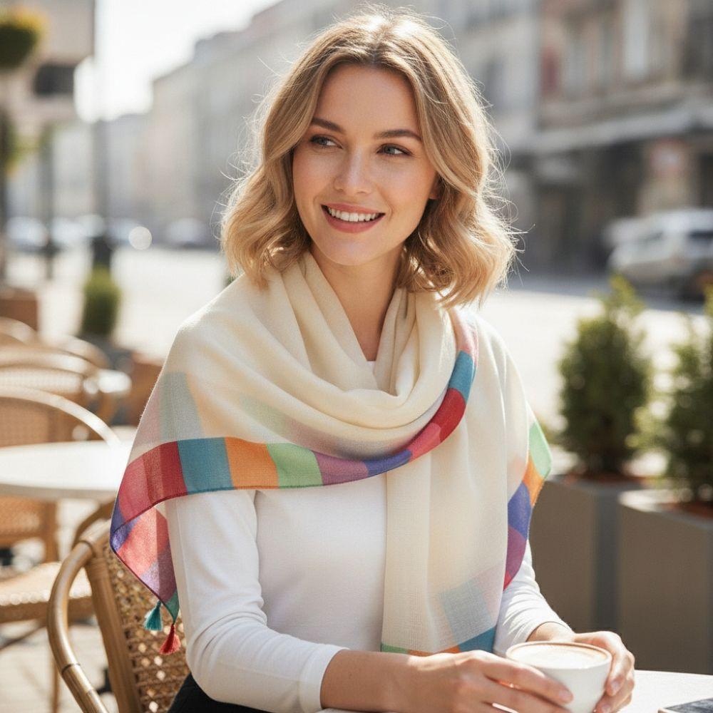 Soft Draped Gauze Shawl Rainbow Border Beach Scarf New Tassel Shawl Women Fashion