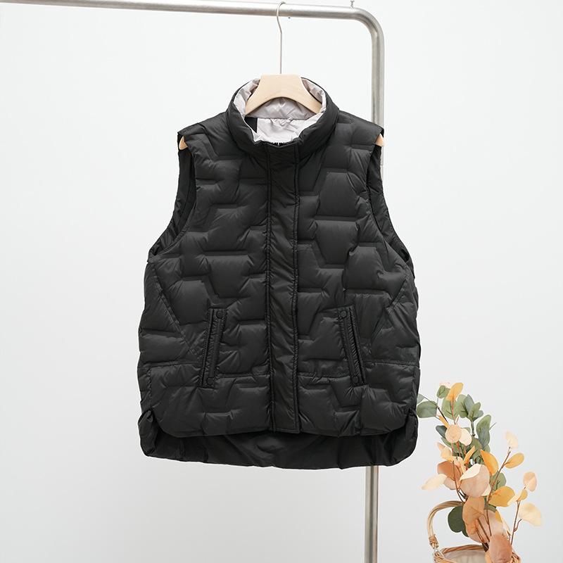 Осень и Зима Женский Флисовый Жилет на Утином Пуху Женский Свободный Стойка Воротник Карманы Теплый Стеганый Пуховик Без Рукавов
