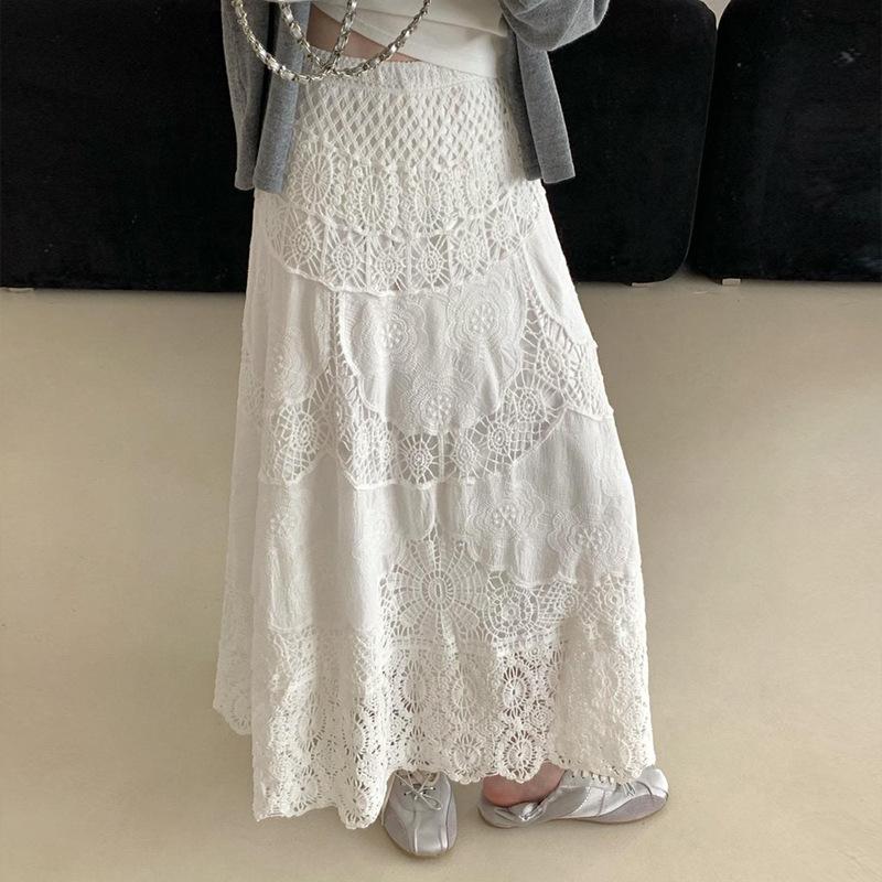 DIMANAF 2025 Новая праздничная юбка Женская кружевная длинная однотонная с вырезами Сексуальная с вырезами Летний стиль Свободное базовое платье