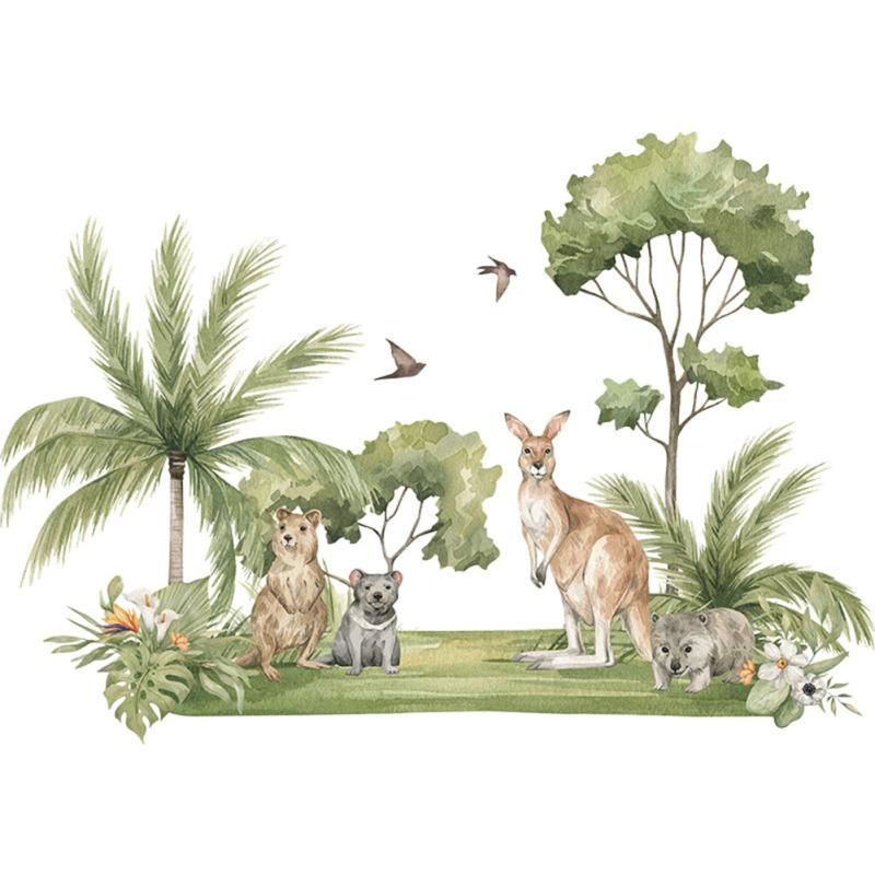 2шт Наклейки на стену Наклейка на стену Мультфильм Кенгуру Енот Тропические зеленые растения Обои Главная Стена