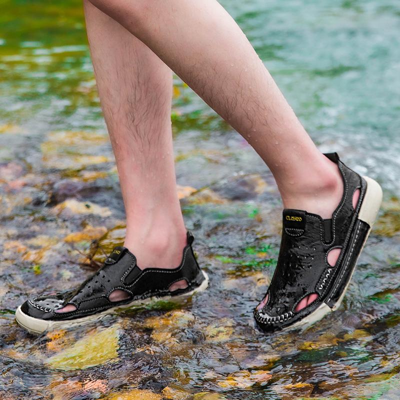 Мужские повседневные кожаные сандалии, прочные, сшитые вручную, с закрытым носком, нескользящие, для использования в помещении, на открытом воздухе, на пляже