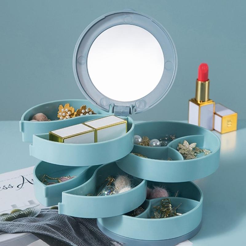 Вращающаяся шкатулка для украшений, многослойное косметическое зеркало для колец, ожерелий, сережек, органайзер для украшений, вместительная пылезащитная коробка для хранения