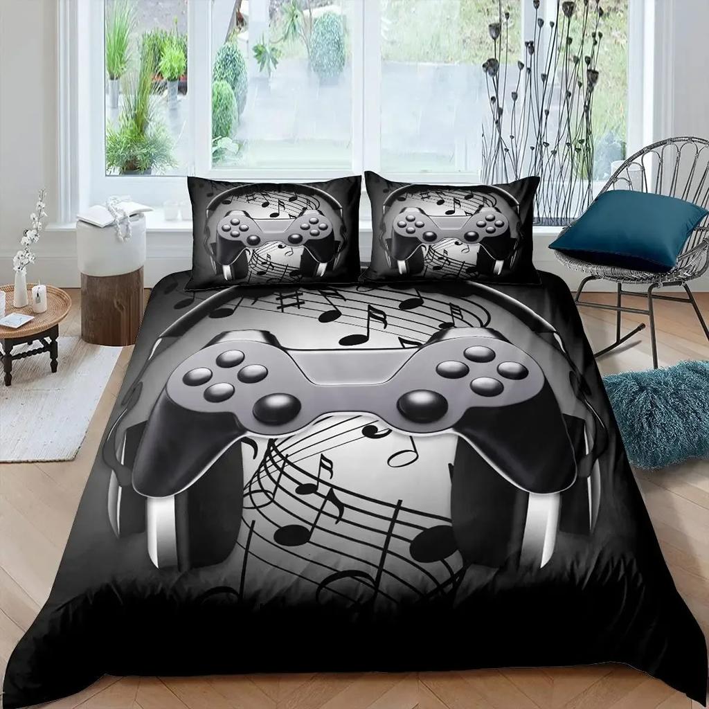 Gamer Duvet Cover Set Rotating Music Comforter Cover Gamepad Gaming Bedding Set for Boys Headphone Bedspreads Cover Queen Size