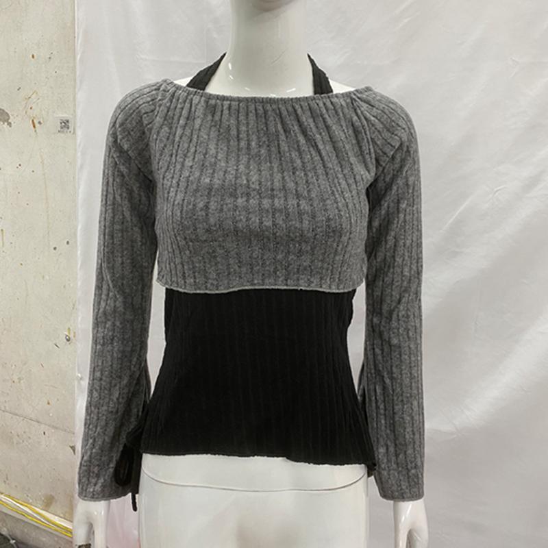 Европейский и американский женский трикотажный облегающий топ с длинными рукавами и контрастной расцветкой из двух частей в стиле Y2K с вырезом на шее