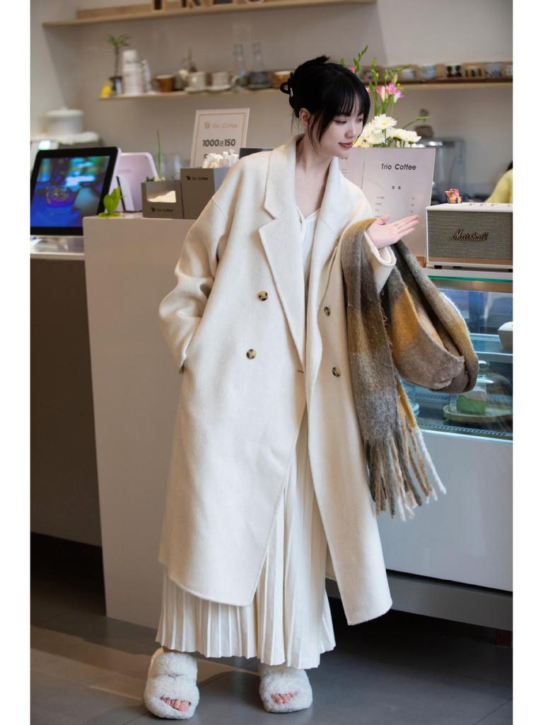 Korean Style Women's Long-Haired Double-Faced Wool Cashmere Cocoon Coat