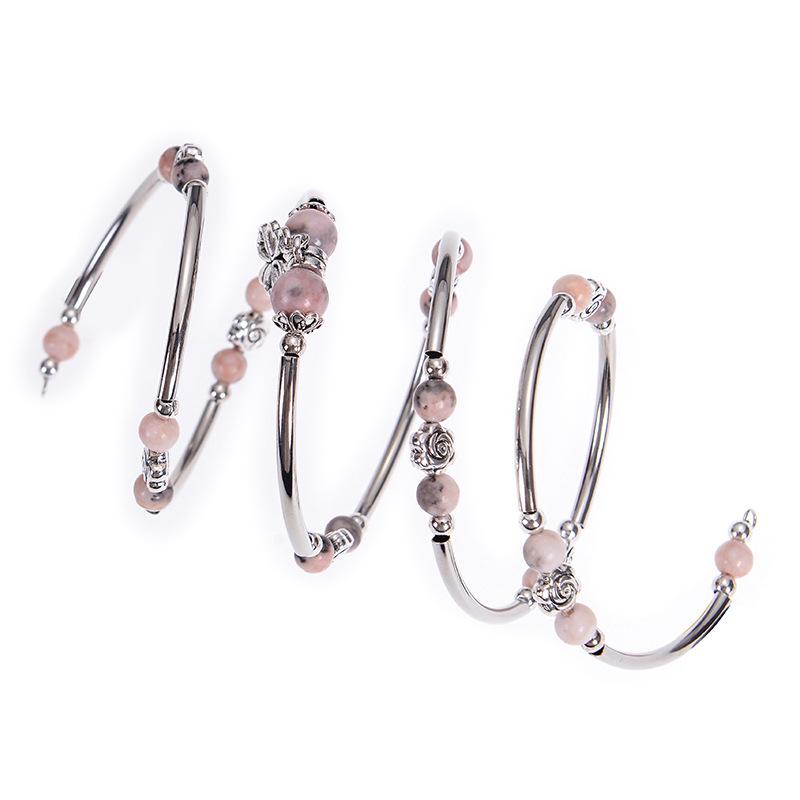 Многослойный браслет-обертка из розового зебрового камня с подвеской в виде цветка