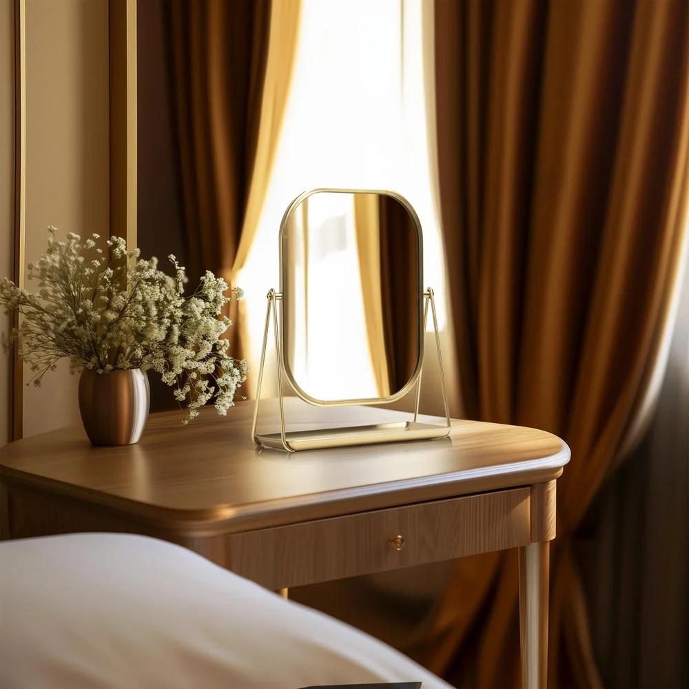 Современное золотое настольное зеркало Прочное зеркало для макияжа на подставке с регулируемым наклоном Идеально для макияжа, ухода, домашнего декора Шикарный акцент