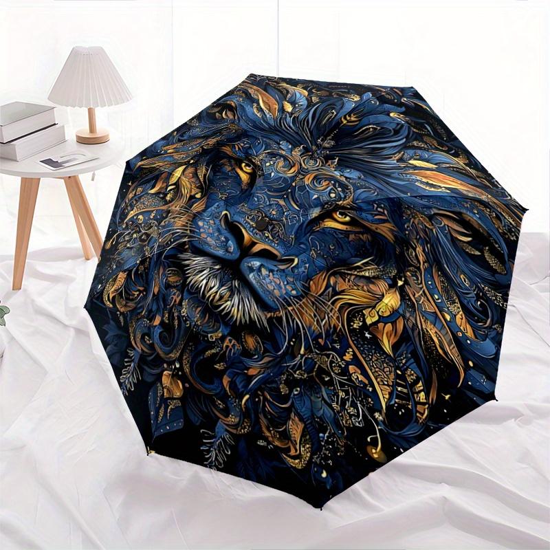1pc Blue and Gold Ornate Lion Portrait Automatic, Cute Cartoon Pattern, Portable Outdoor Umbrella, Perfect, Holiday Gift for fans.W007
