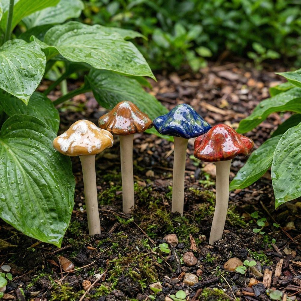 4PCS Ceramics Pottery Sculpture Realistic Mushroom Sculpture Flower Pot Decoration