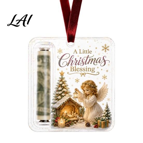 Holiday Cash Holder Christmas Gift Ornament Acrylic Angel Santa Cat Money Clear for Xmas Tree Party Hanging Decoration with Lanyard