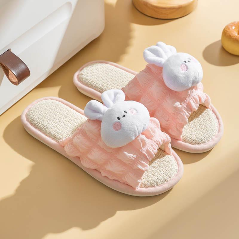 Elegant Hairy Slippers Cartoon Bubble Linen Slippers Net Red Girl Open Sandals Slippers Home Indoor Fabric Slippers Female Home Shoes Slippers Pink