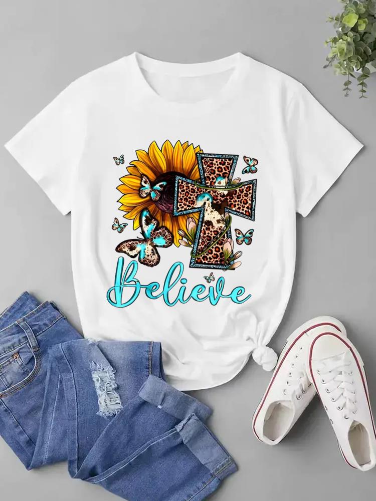(Азиатский размер) Женская модная футболка Faith Love Trend, милый стиль, модная футболка с короткими рукавами, одежда с принтом, женская повседневная футболка, женские футболки с графикой