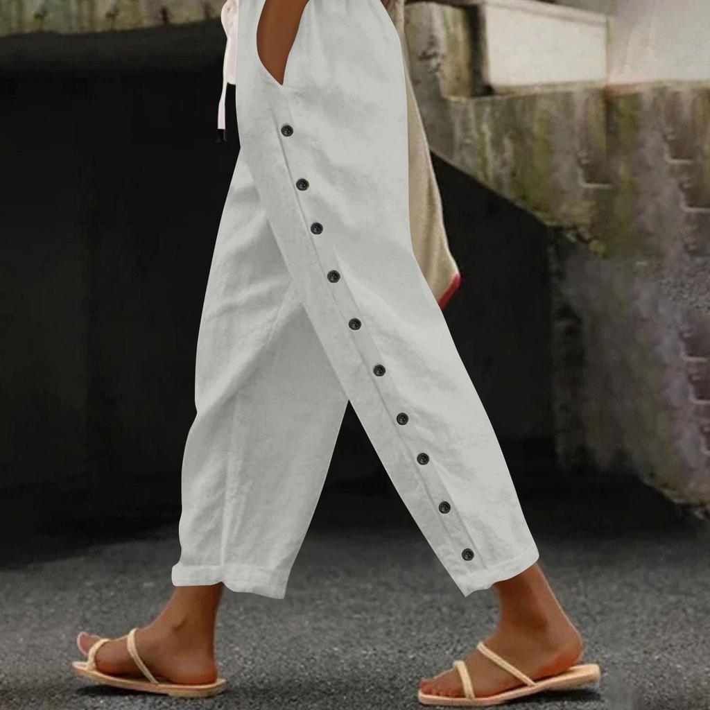 Women Casual Stripe Print Side Button Up Trendy Pants Baggy Elastic Waist Straight Leg Comfort Trousers With Pocket