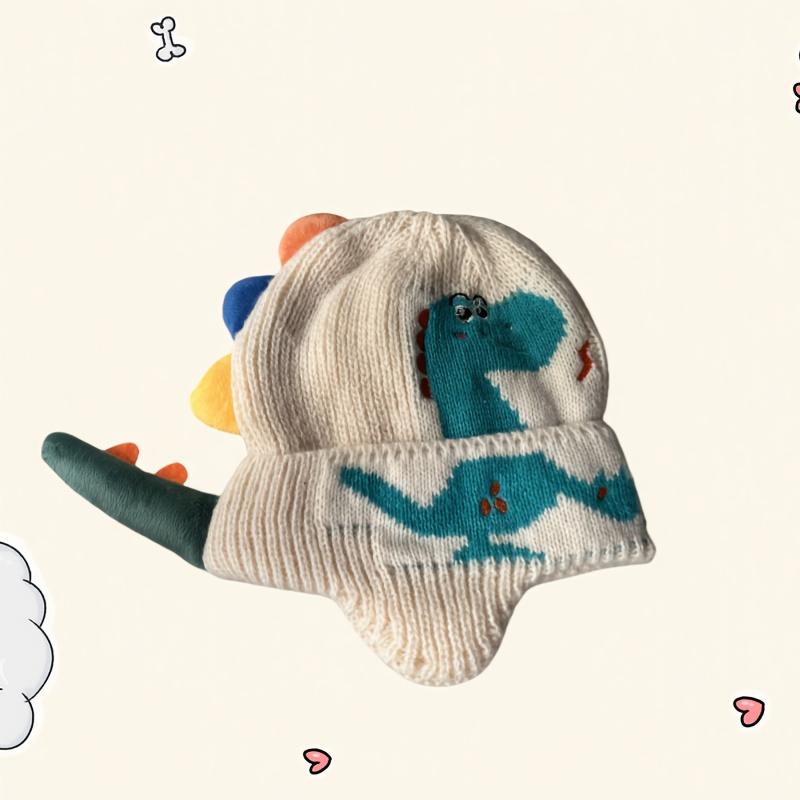 [Holiday Beanie] Lightweight White Acrylic Dinosaur Knit Beanie Hat | Holiday Themed Windproof Ear Protection for Ages 3-14 - Machine Washable