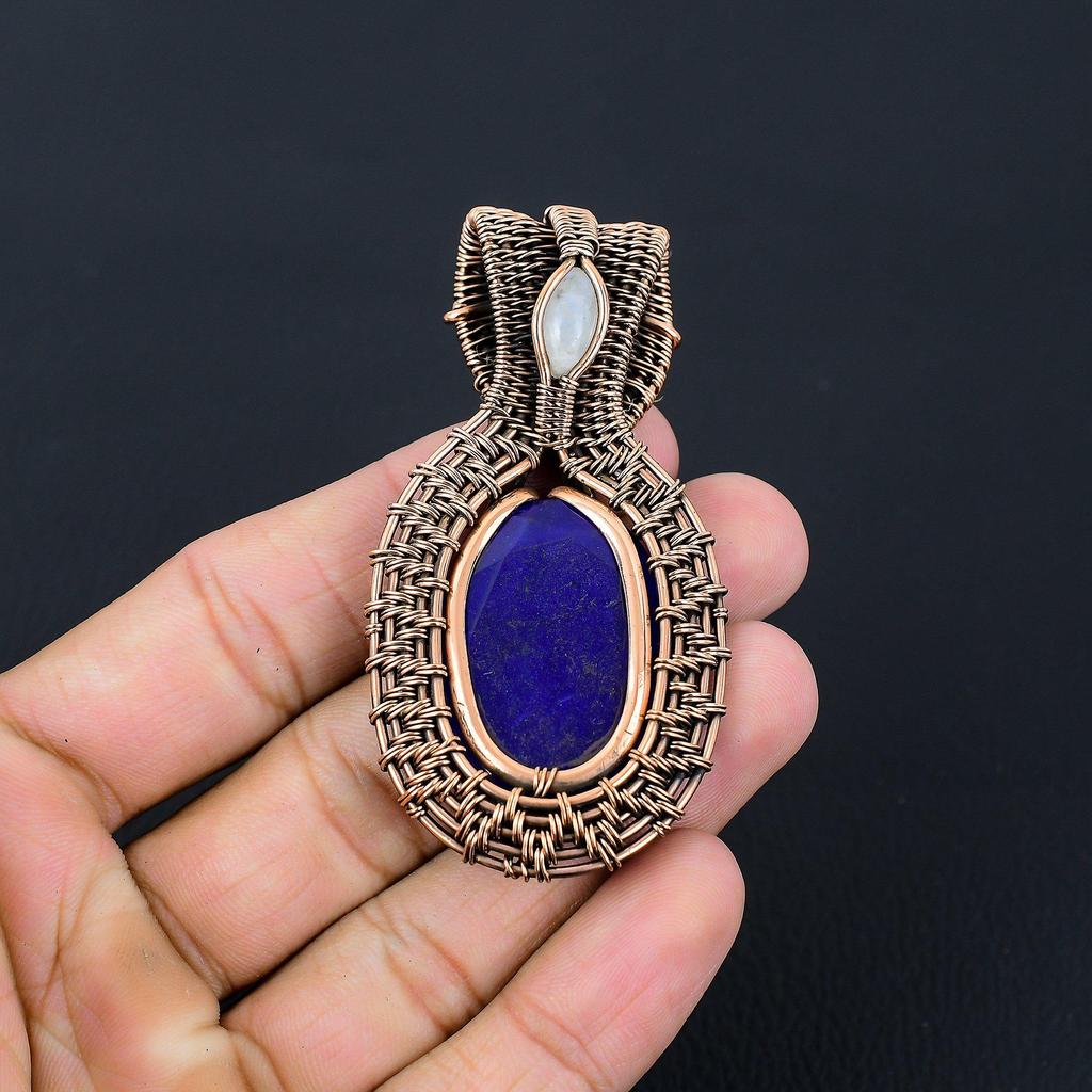 Lab-Created Blue Sapphire & Moonstone Gemstone Pure Copper Wire Wrap Handmade Wonderful Jewelry Pendant