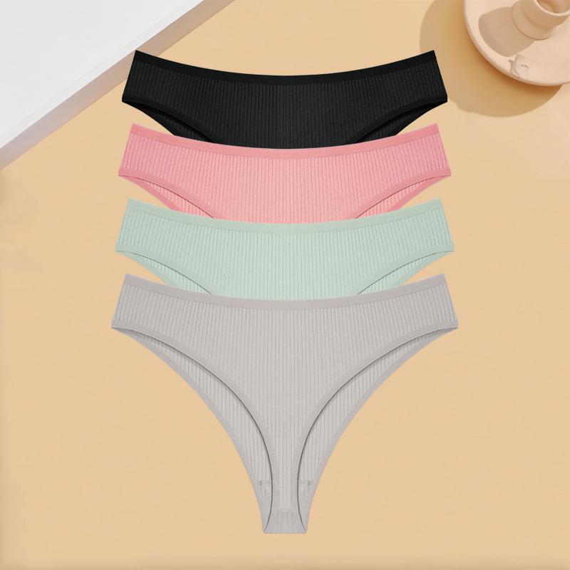 FINETOO 4Pcs Cotton Ribbed Underwear Women's Sexy Low-Waist Breathable Thongs Girls Sports Panties Stretchy T Back Soft Lingerie