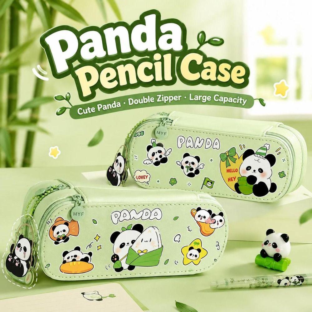 2-Tier Pencil Bag PU Pencil Box Cartoon Panda Pencil Case Student Stationery
