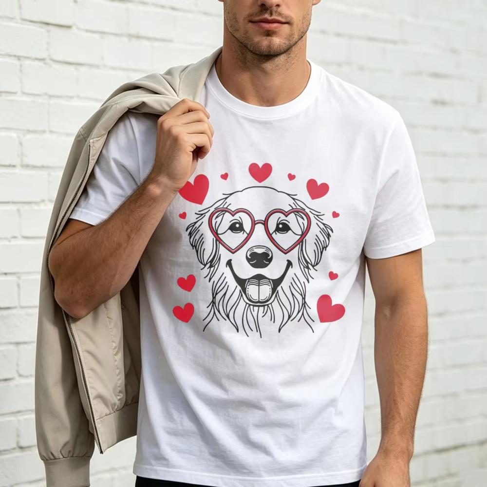 Heart Glasses Golden Retriever Graphic Tee Cute Dog Red Love Heart Unisex Streetwear Shirt Valentines Day Gift Funny Cotton Tee