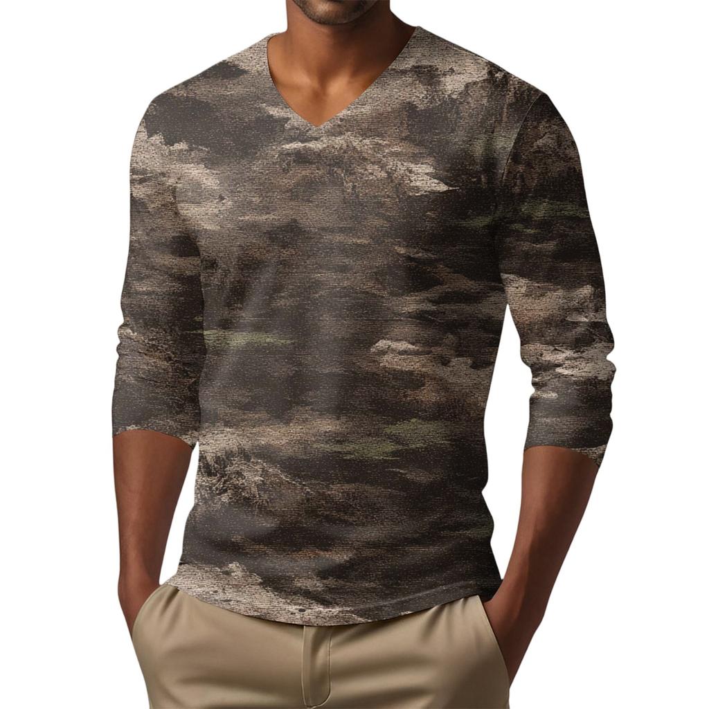 Мужская футболка с V-образным вырезом, повседневная, модная, с принтом, с длинным рукавом