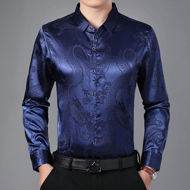 Cozy Up Wine Red Smooth Silk Satin Shirt Men Jacquard Slim Fit Long Sleeve Button Down Dress Shirts